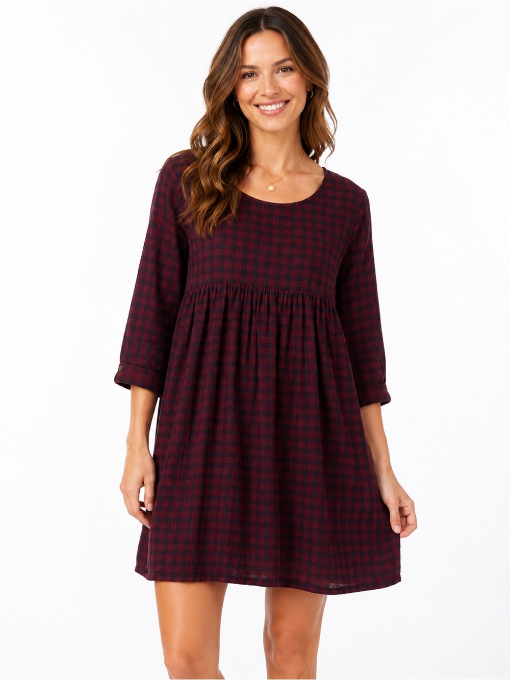 Natural Life Burgundy Buffalo Plaid Cotton Gauze Babydoll Dress Large
